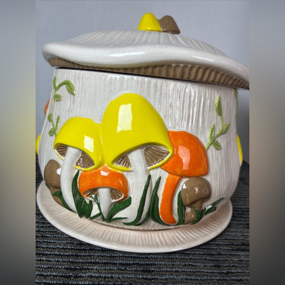 Vtg 1974 Arnels 3D Mushroom Divided 4 Canister Lazy Susan W/Lid & Tray-Ceramic - Picture 7 of 16